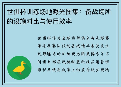 世俱杯训练场地曝光图集：备战场所的设施对比与使用效率