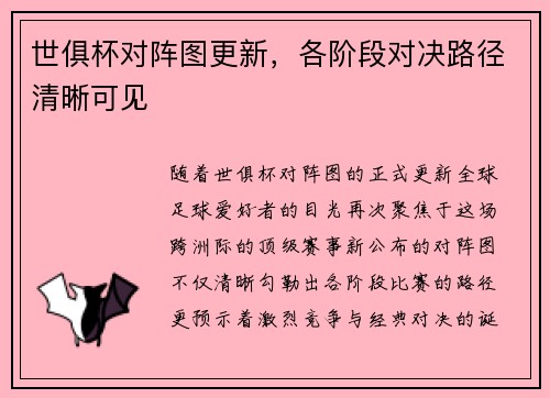 世俱杯对阵图更新，各阶段对决路径清晰可见