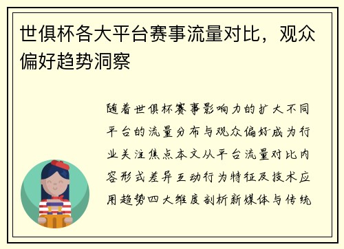 世俱杯各大平台赛事流量对比，观众偏好趋势洞察